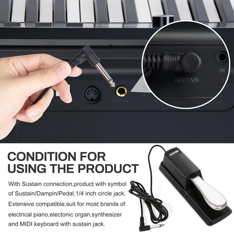 AODSK Sustain Pedal, Universal Piano Pedal for Digital Piano/Electronic Keyboard/MIDI Keyboard Synthesizer, with Polarity Switch, 1/4'' (6.35mm) Input Plug - Image 2